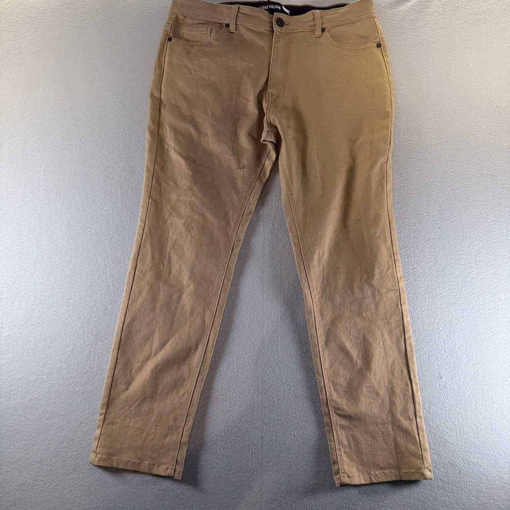 Stone Falcon Men Slim Fit Tan Khaki Pants 36x30 Cotton Blend Stretch Five Pocket